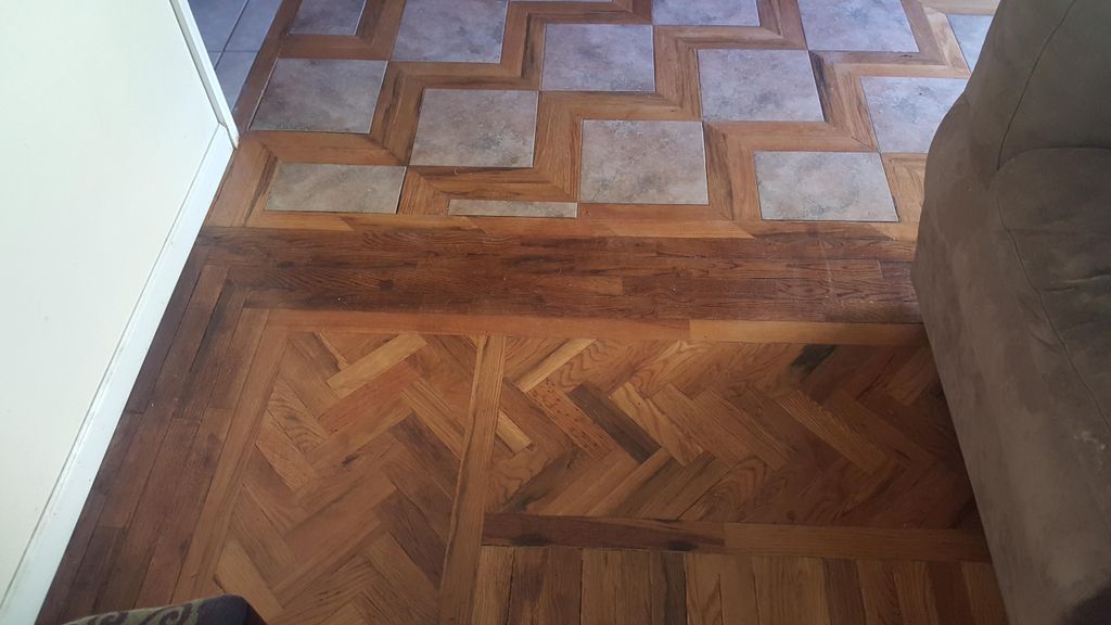 Custom living room wood design with tile inlay