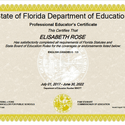 I am Certified by the State of Florida Department 