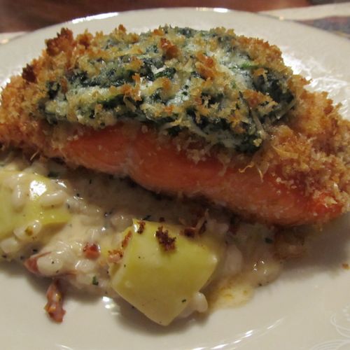 Mascarpone and spinach stuffed wild salmon accompa