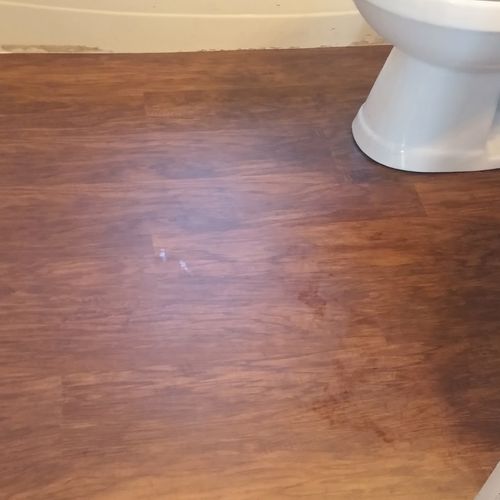 Vinyl plank floor in small bathroom.