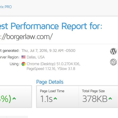 Web speed results for borgerlaw.com, tested by GT 