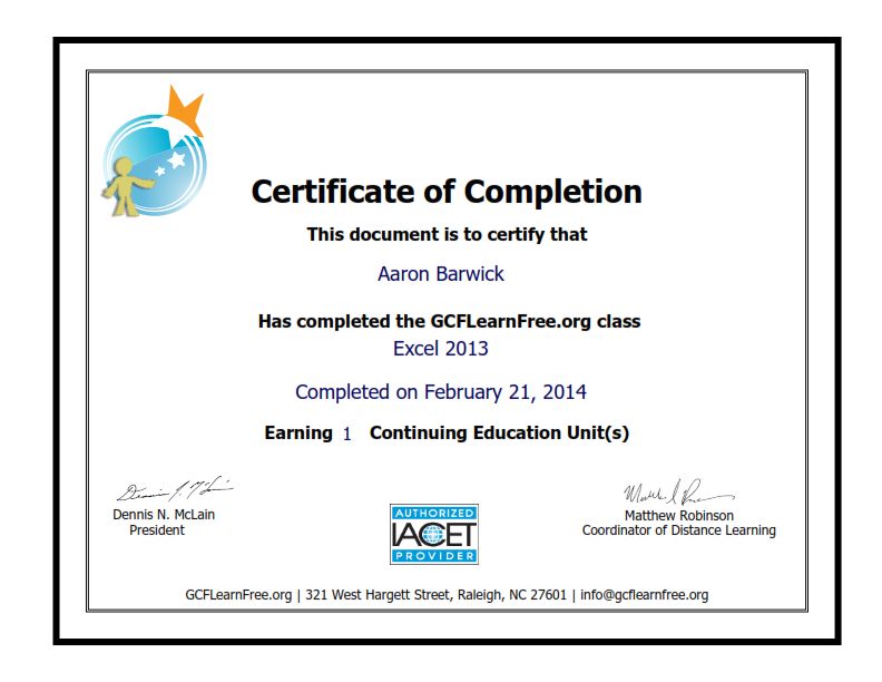Excel 2013 Certificate