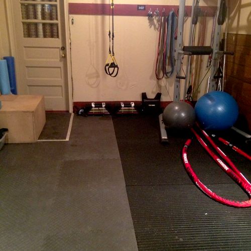 Soft flooring on the left for ground/bodyweight wo