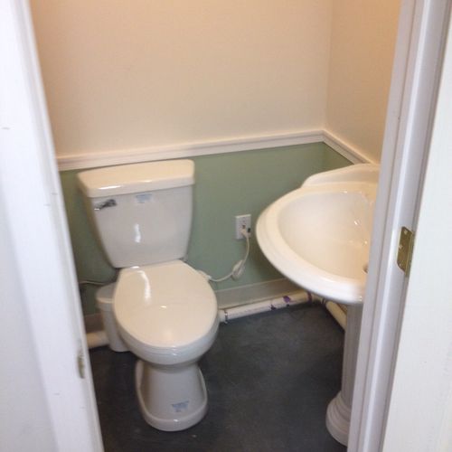 New bathroom in basement with up flush toilet