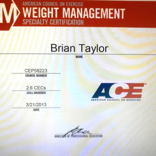 This is my earned cert as a Weight Management Spec