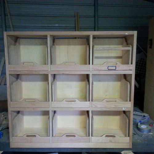 custom oak LP record storage unit. All drawers are