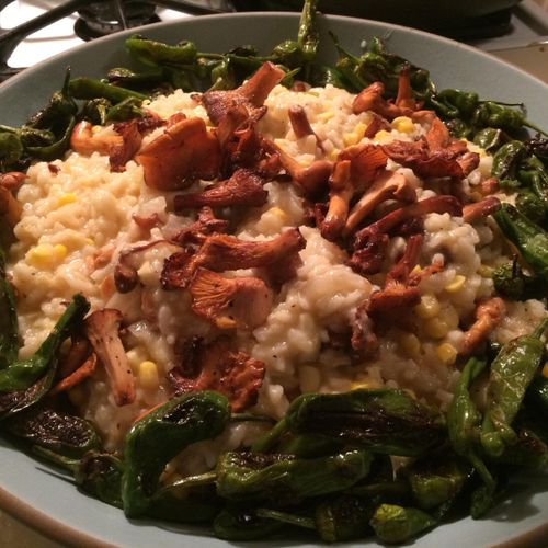 Vegan Corn Risotto with Charred Padron Peppers and