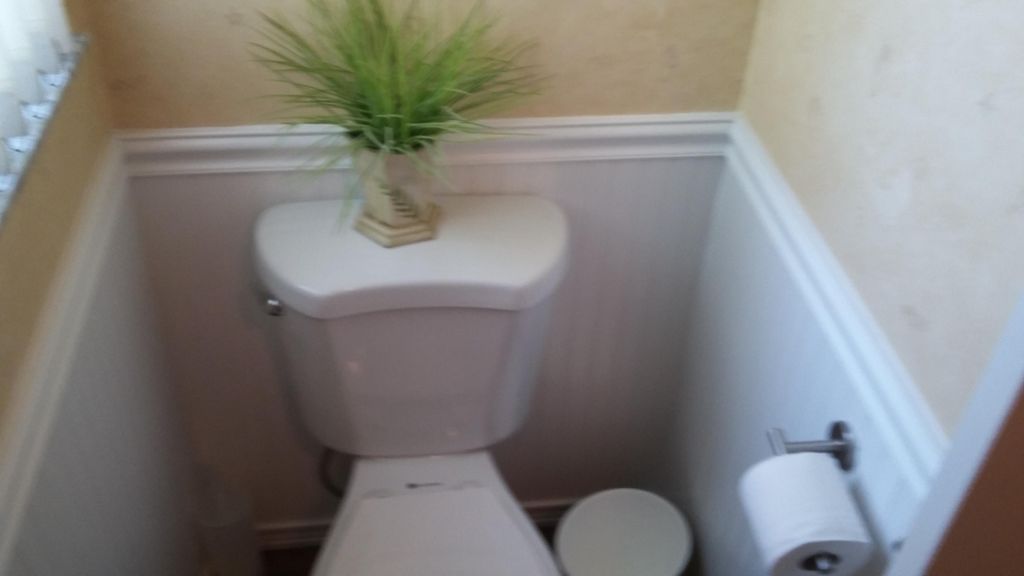 New toilet with ship lap wood trim on walls to fre
