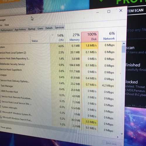 Customer says laptop is running slow. Disk usage a