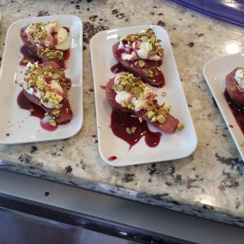 Red wine poached pears, mascarpone cheese, and cum