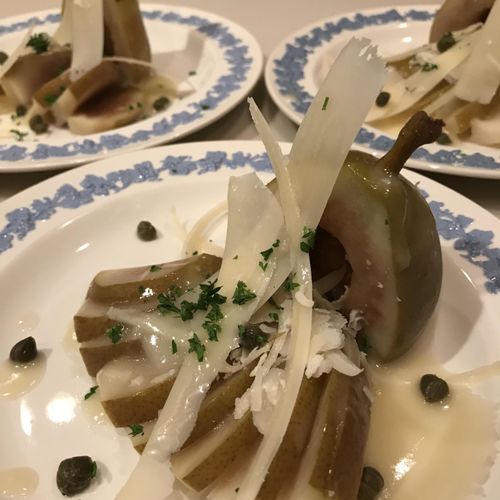 Poached Pear Salad with Capers, Pecorino and Honey