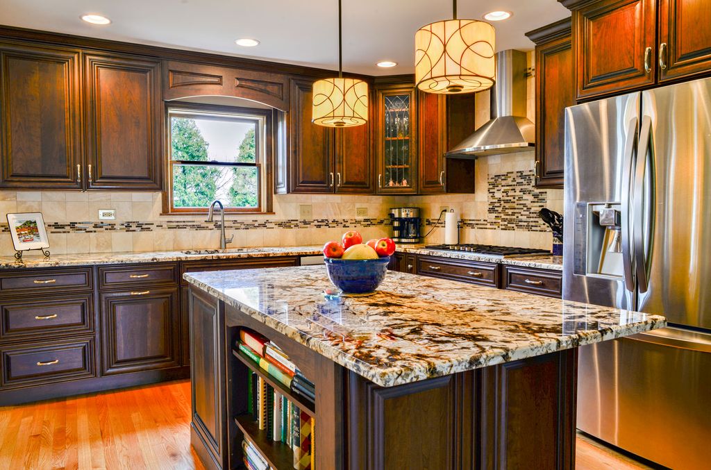 Kitchen cabinets. Counter tops. Lighting. Flooring