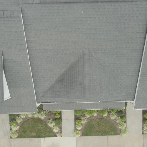Top down view of a town home roof.