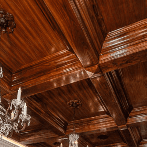 white oak cofferd ceiling. 5 stage crown molding,b