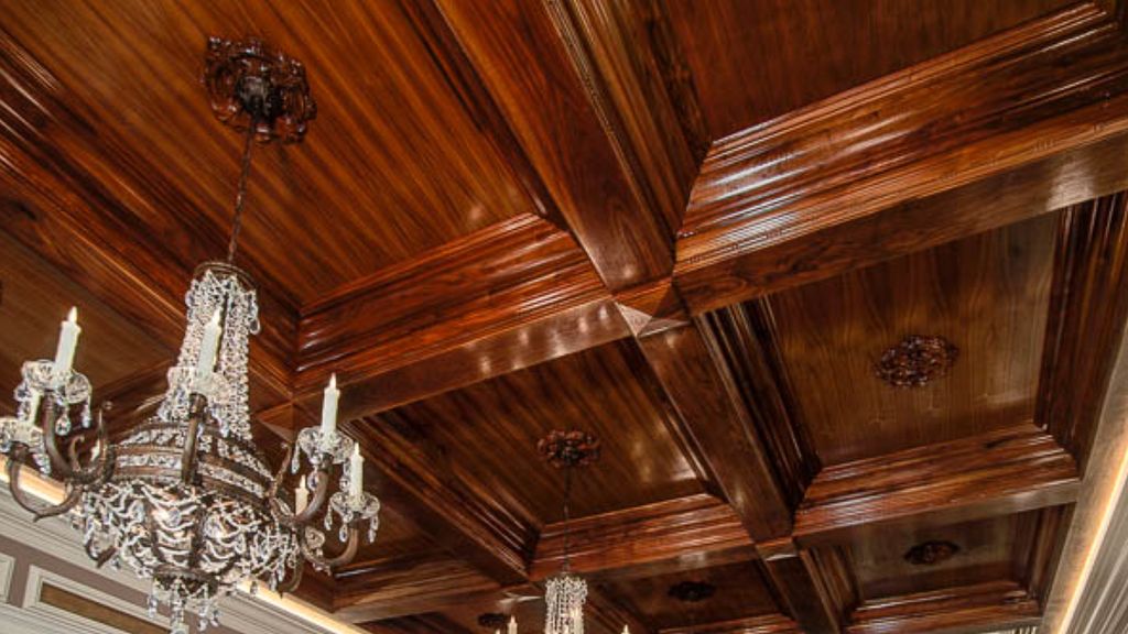 white oak cofferd ceiling. 5 stage crown molding,b