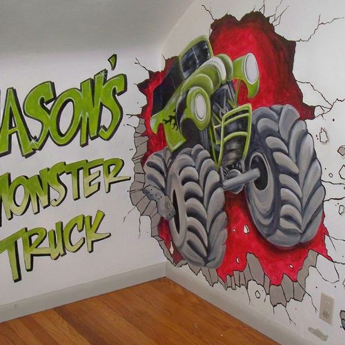Monster truck themed boy's room.