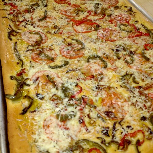 Focaccia with peppers and onion