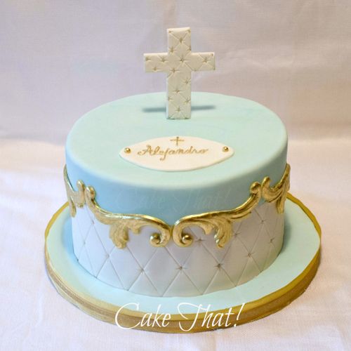 Stunning Baptism Cake with gold accents; raspberry