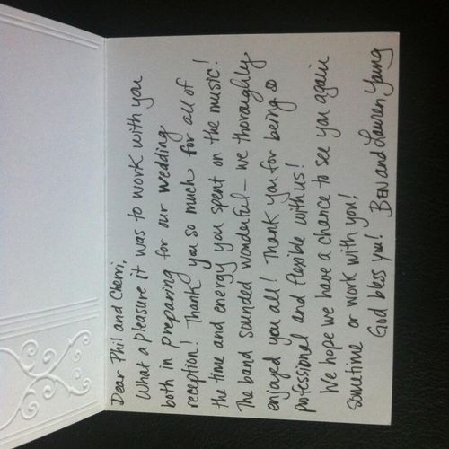 Thank You card from Ben & Lauren Young for playing