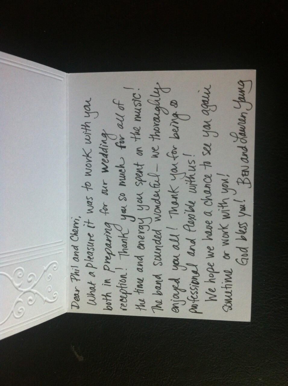 Thank You card from Ben & Lauren Young for playing