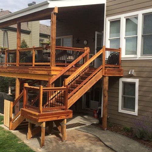 upper-level redwood deck with roof
