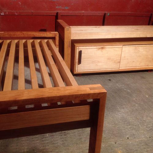Custom Maple and Cherry benches with shoe cabinet.