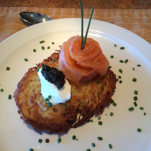 Potato pancake with Gravlax and Caviar