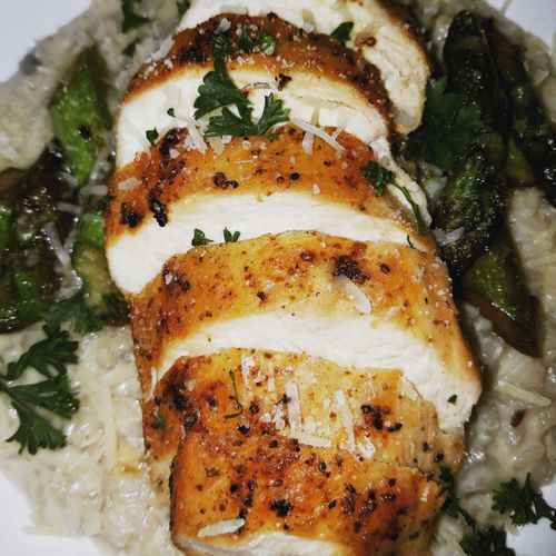 Chicken over asparagus w/mushroom risotto