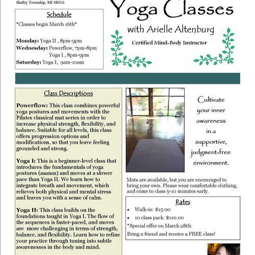 Schedule for Yoga classes at Fifth Circle Martial 