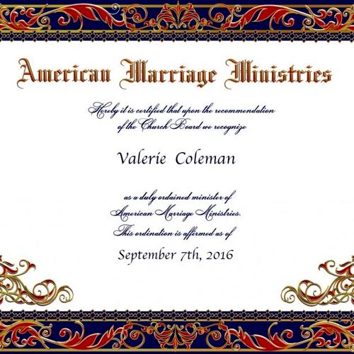 Valerie's Ordination Certificate from American Mar