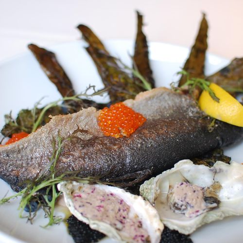 Fried Trout, baked kale, oysters, blue berry yogur