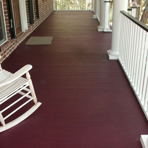 Solid stain porch floor, painted pickets.