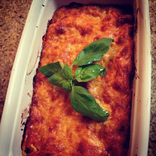 Vegetable lasagna topped with a blend of parmesan 