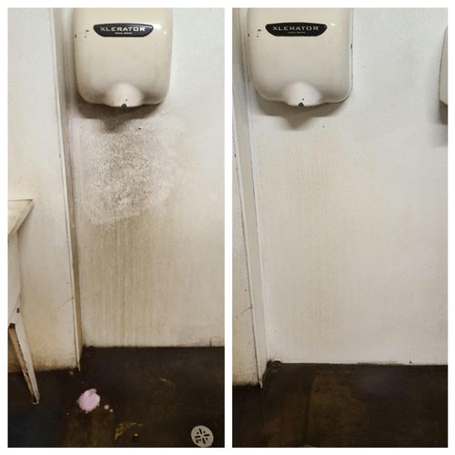 A restroom wall we cleaned.  Before on the left, a