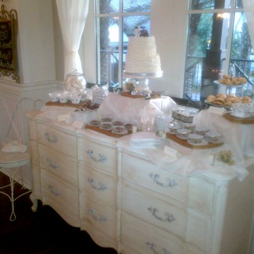 Beautiful Vintage cake and dessert table. Added fa