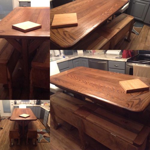 Custom red oak tressel table with storage benches