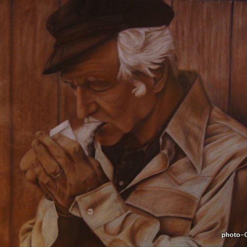 23 in. x 35 in. Colored Pencil. "Papa Lighting a P
