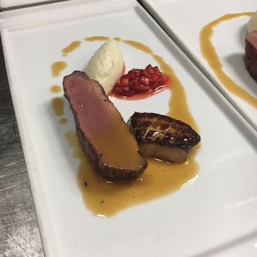 Seared Duck with strawberry compote and creamed ri