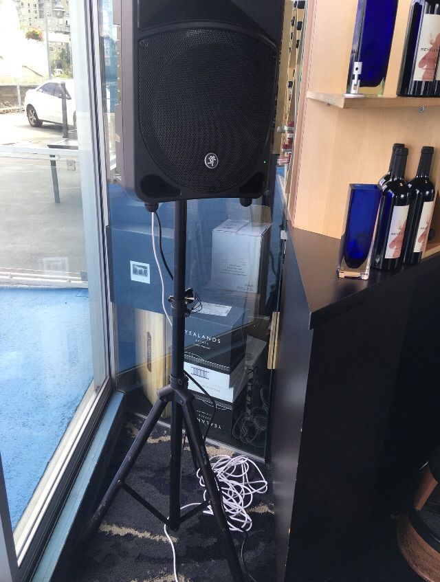 Mackie PA speakers, I bring 2 of these with tripod