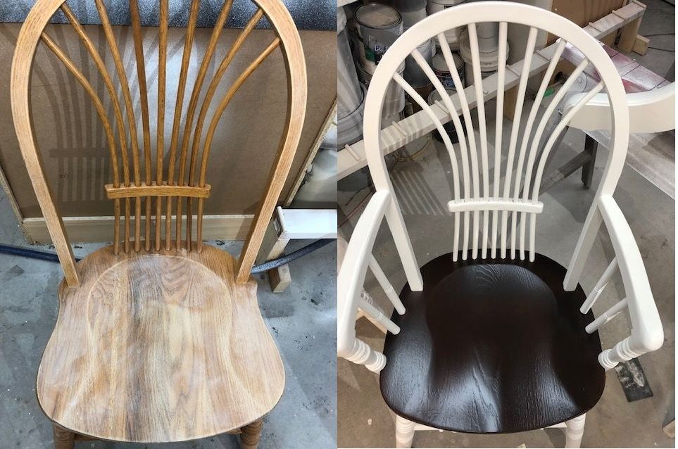 Set of 8 Amish oak chairs before and after