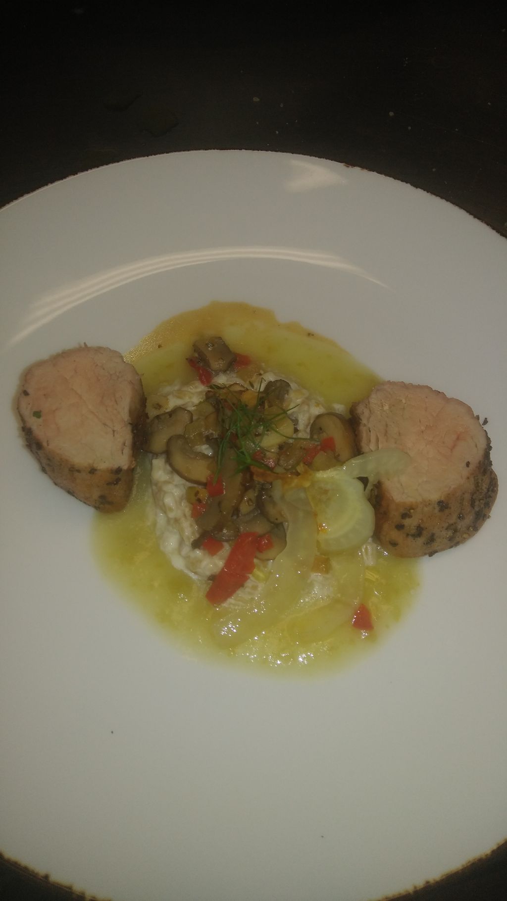 Pork tenderloin, risotto style barley, apple sauce