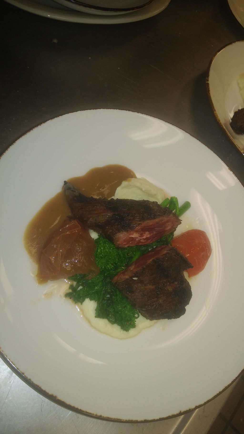 Hanger steak, parsnip puree, brocoli rabe, oven ro