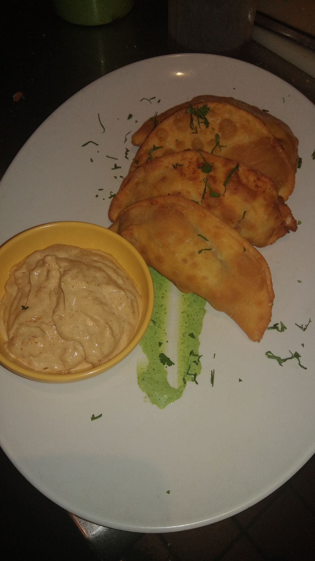 Ropa vieja empanadas, cilantro lime aioli, Chili a