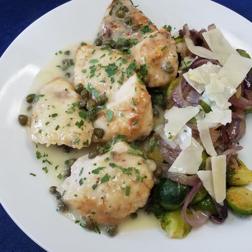 Chicken Piccata with roasted brussel sprouts