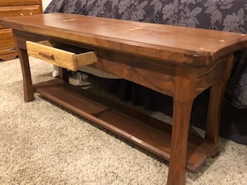 Walnut coffee table with a spalted sycamore drawer