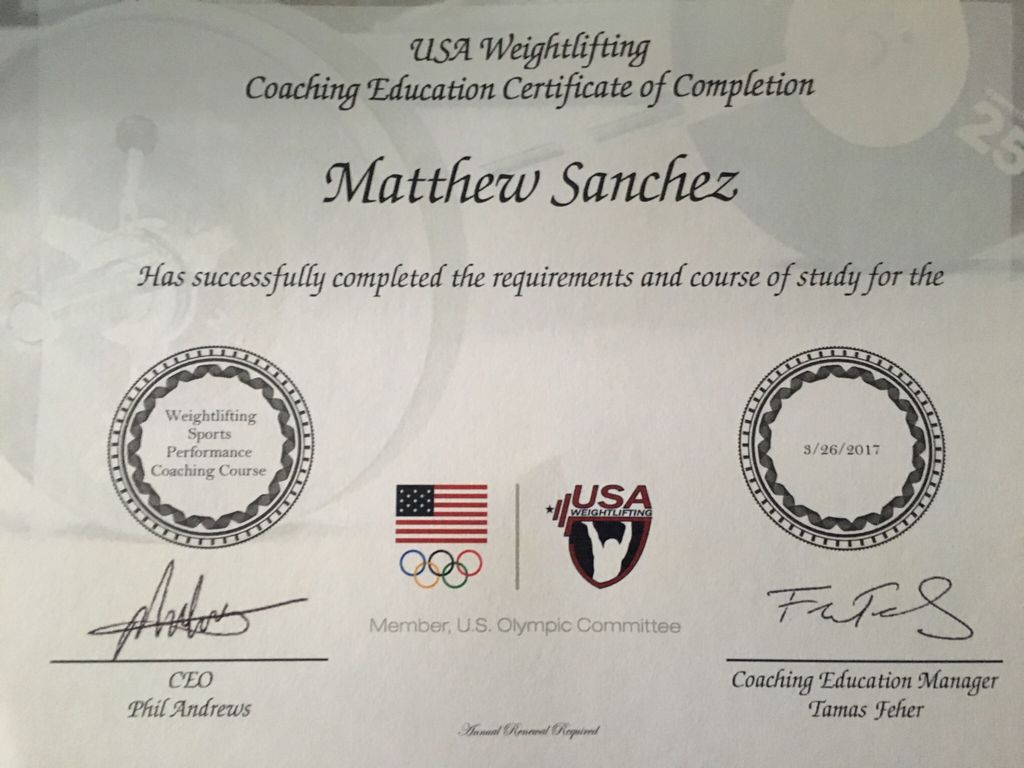 USAW Sports Performance Certification.