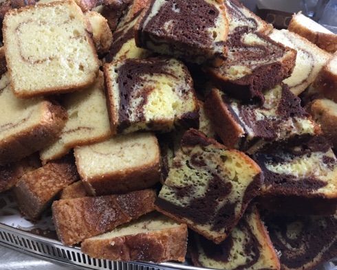 Marbled and sour cream coffee cakes.