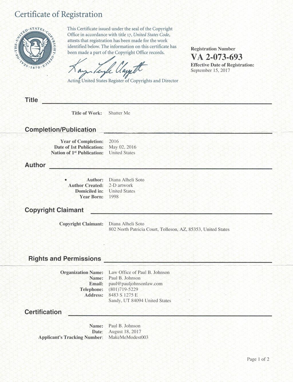 U.S. Copyright No. VA 2-073-693