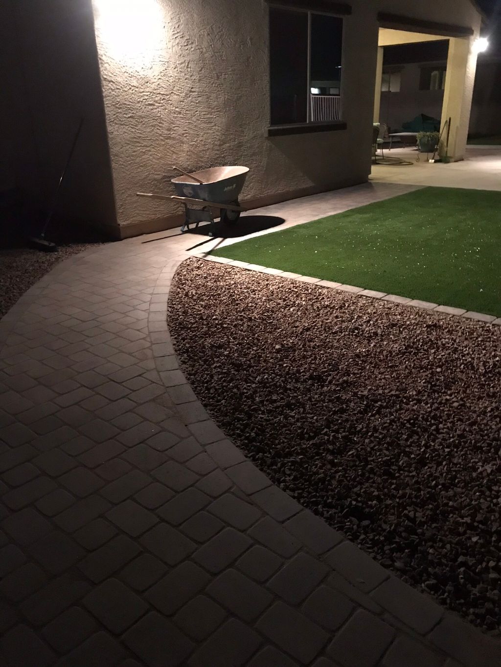 Pavers walkway, pavers border, gravel & artificial