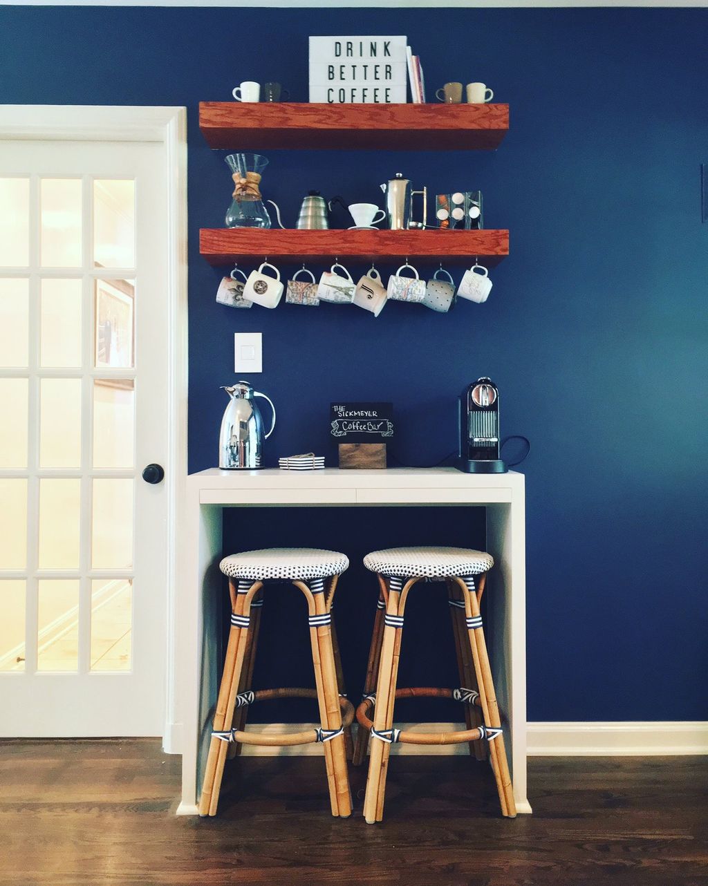 Custom made coffee station with floating red oak s